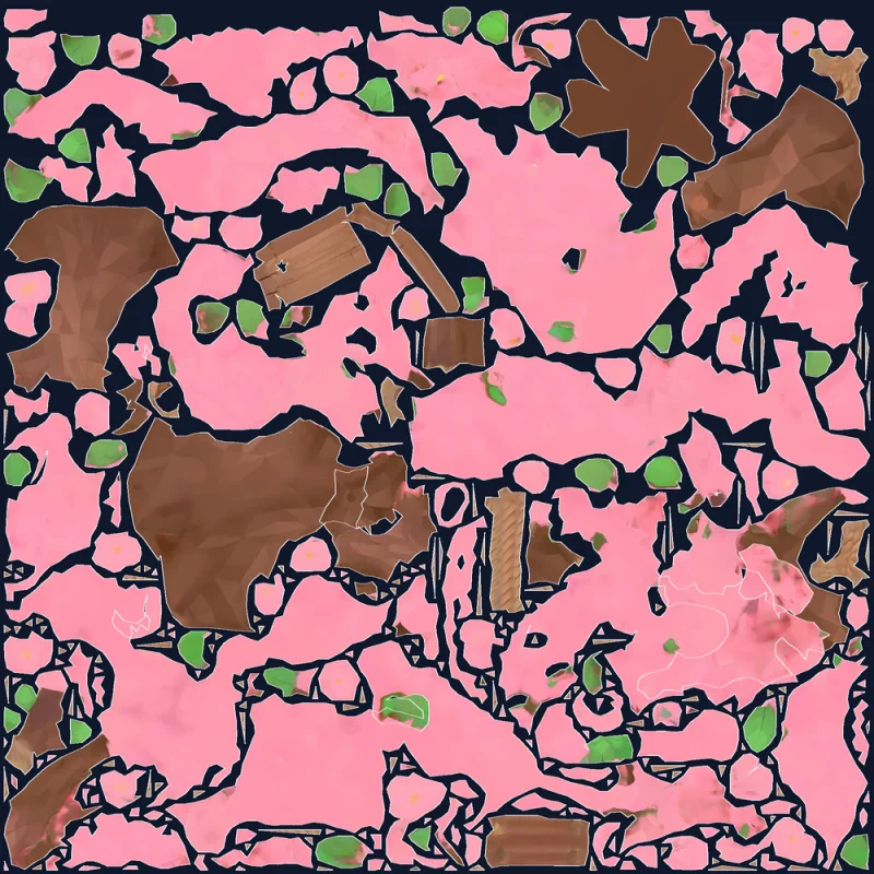 Blossom tree UVs from HY3 Unwrap — blossoms in large chunks with small fragments along their borders