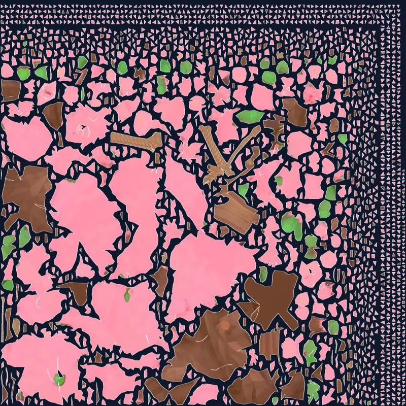 Blossom tree UVs from Meshy Unwrap — tiny fragments piled in a band along the top and right edges